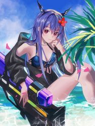 Rule 34 | 1girl, arknights, bikini, black jacket, blue bikini, blue hair, blue sky, breasts, ch&#039;en (arknights), ch&#039;en the holungday (arknights), cleavage, cloud, commentary request, day, ddddairy, dragon horns, flower, hair flower, hair ornament, highres, horns, jacket, knees up, long hair, long sleeves, looking at viewer, medium breasts, red eyes, red flower, sitting, sky, solo, swimsuit, thighs, very long hair, water