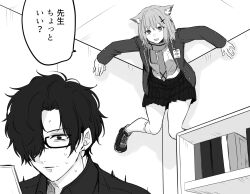 Rule 34 | 1boy, 1girl, against wall, animal ear fluff, animal ears, blazer, blue archive, book, bookshelf, ceiling, commentary, corner, cross hair ornament, feet against wall, glasses, greyscale, hair ornament, hair over one eye, highres, indoors, inotukuhito, jacket, kneehighs, long sleeves, looking at another, monochrome, open clothes, open jacket, open mouth, pleated skirt, problem solver sensei (blue archive), scarf, school uniform, sensei (blue archive), shiroko (blue archive), shirt, shoes, short hair, skirt, sneakers, socks, speech bubble, sweat, nervous sweating, translated, wolf ears