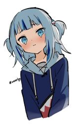 Rule 34 | 1girl, animal costume, blue eyes, blue hair, blue hoodie, blunt bangs, blush, closed mouth, cropped torso, dot nose, drawstring, gawr gura, gawr gura (1st costume), grey hair, h (eitilog), hair ornament, highres, hololive, hololive english, hood, hood down, hoodie, long sleeves, looking at viewer, medium hair, multicolored hair, shark costume, shark girl, shark hair ornament, simple background, solo, streaked hair, tears, twitter username, two side up, upper body, virtual youtuber, white background