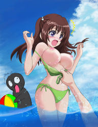 Rule 34 | 1girl, ^^^, bikini, bikini pull, blush, breasts, breasts out, brown hair, clothes pull, cloud, green bikini, highres, long hair, nipples, ocean, open mouth, sky, solo focus, surprised arms, swimsuit, tears, water, wavy mouth