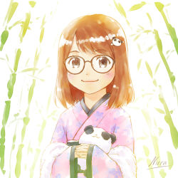 Rule 34 | 1girl, bamboo, bamboo forest, brown eyes, brown hair, carrying, forest, glasses, hair ornament, highres, japanese clothes, kimono, looking at viewer, nature, nicca (kid nicca), original, panda, panda hair ornament, short hair, smile, solo