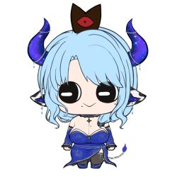 Rule 34 | 1girl, :&gt;, animal ears, blue dress, blue hair, blue horns, bow, breasts, chibi, cleavage, cow ears, cow girl, cow horns, cow tail, cream cod, crown, cult of the lamb, dress, hair bow, horizontal pupils, horns, indie virtual youtuber, large breasts, long hair, looking to the side, miilkywayz, mole, mole on breast, mole under eye, mole under mouth, parody, red crown (cult of the lamb), side slit, simple background, smile, solo, strapless, strapless dress, style parody, tail, thighhighs, virtual youtuber, white background