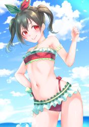 Rule 34 | 1girl, absurdres, arm strap, bikini, blue sky, blurry, blurry background, blush, bow, breasts, brown hair, closed mouth, cloud, collarbone, contrapposto, cowboy shot, day, food print, green bow, hair between eyes, hair bow, hand on own hip, highleg, highleg bikini, highres, kobayashi nyoromichi, looking at viewer, love live!, love live! school idol project, medium hair, navel, ocean, outdoors, polka dot, polka dot bikini, print bikini, red bikini, red eyes, sky, small breasts, smile, solo, standing, summer, swimsuit, thigh gap, twintails, watermelon print, yazawa nico