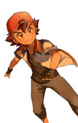 Rule 34 | 1boy, 32890 (artist), ash ketchum, backwards hat, baseball cap, black gloves, blush, brown eyes, brown hair, capri pants, closed mouth, commentary, creatures (company), dirty, dirty face, fingerless gloves, frown, game freak, gloves, grey pants, hat, highres, jacket, male focus, nintendo, open clothes, open jacket, pants, pokemon, pokemon (anime), pokemon the movie: the power of us, shirt, short hair, short sleeves, simple background, solo, white background