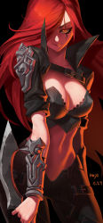 Rule 34 | 1girl, artist name, belt, breasts, cleavage, dated, haje, highres, katarina (league of legends), league of legends, long hair, looking at viewer, midriff, navel, orange eyes, red hair, scar, smile, solo, sword, weapon