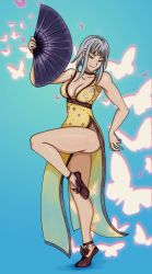 Rule 34 | animal print, bladed fan, bladed weapon, breasts, butterfly print, china dress, chinese, chinese clothes, cleavage, curvy, death by degrees, deviantart, dress, floral print, hand fan, highres, kyunamaori, lana lei, legs, medium breasts, namco, see-through, see-through clothes, silver hair, simple background, standing, tekken, thighs