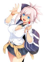Rule 34 | 1girl, :d, asymmetrical hair, bag, blue eyes, breasts, cleavage, clothes around waist, collared shirt, cowboy shot, earrings, fate/grand order, fate (series), grey skirt, hand up, jacket, jacket around waist, jewelry, large breasts, looking at viewer, miniskirt, miyamoto musashi (fate), namonashi, open mouth, pink hair, pleated skirt, school bag, school uniform, shirt, shoulder bag, simple background, skirt, smile, solo, tomoe (symbol), white background, white shirt, wing collar, wristband