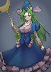 Rule 34 | 1girl, absurdres, blue capelet, blue headwear, blue skirt, breasts, capelet, cleavage, green eyes, green hair, grey background, hair intakes, highres, holding, holding staff, long hair, long sleeves, looking at viewer, mima (touhou), simple background, skirt, solo, staff, tamayura toki, touhou, touhou (pc-98)