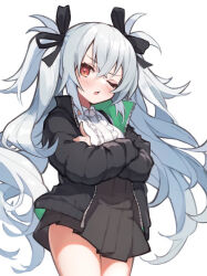 Rule 34 | 1girl, black jacket, black ribbon, black skirt, blue hair, blush, breasts, collared shirt, commentary, crossed arms, frilled shirt, frills, hair ribbon, highres, jacket, long hair, long sleeves, looking at viewer, mist train girls, one eye closed, open clothes, open jacket, parted lips, pleated skirt, red eyes, ribbon, shirt, simple background, skirt, small breasts, solo, tomisaka yorui, twintails, very long hair, white background, white shirt, yakutsk (mist train girls), zipper, zipper pull tab
