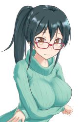 Rule 34 | 1girl, aimobake, arched back, arms under breasts, breasts, brown eyes, closed mouth, commentary request, glasses, green hair, green sweater, highres, idolmaster, idolmaster cinderella girls, large breasts, long hair, long sleeves, looking at viewer, looking over eyewear, ohishi izumi, ponytail, red-framed eyewear, ribbed sweater, sidelocks, simple background, smile, solo, sweater, upper body, white background