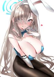 Rule 34 | 1girl, animal ears, asuna (blue archive), asuna (bunny) (blue archive), asymmetrical bangs, blue archive, blue eyes, blue leotard, bow, bowtie, breasts, detached collar, fake animal ears, gloves, hair over one eye, halo, heart, highres, huge breasts, leotard, long bangs, long hair, looking at viewer, mole, mole on breast, nidaime (doronbo), official alternate costume, one eye covered, pantyhose, playboy bunny, rabbit ears, revision, smile, solo, white gloves