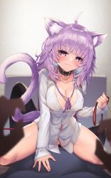 Rule 34 | 1boy, 1girl, :3, absurdres, ahoge, animal collar, animal ear fluff, animal ears, black collar, blue hair, blush, bottomless, breasts, button gap, cat ears, cat girl, cat tail, cleavage, collar, collared shirt, colored inner hair, dress shirt, highres, hololive, long sleeves, looking at viewer, medium breasts, medium hair, messy hair, multicolored hair, nekomata okayu, nekomata okayu (oversized shirt), no bra, partially unbuttoned, pov, purple eyes, purple hair, rpg (ram), shirt, solo focus, tail, virtual youtuber, white shirt