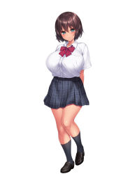 Rule 34 | 1girl, aqua eyes, arms behind back, bob cut, bow, breasts, brown hair, courreges accel, full body, highres, large breasts, loafers, looking at viewer, original, pleated skirt, school uniform, shirt, shoes, short hair, simple background, skirt, solo, tan, tented shirt, uniform, white background