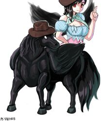 Rule 34 | 1girl, absurdres, bandana, black hair, black wings, breasts, brown headwear, cleavage, closed mouth, commentary, cowboy hat, dated, english commentary, full body, hat, highres, kurokoma saki, kurokoma saki (pegasus), large breasts, looking at viewer, pegasus, profitshame, red eyes, signature, simple background, touhou, white background, wings