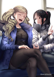 Rule 34 | 2girls, black hair, black legwear, black shirt, blonde hair, blue jacket, breasts, brown eyes, closed eyes, collarbone, crossed legs, day, earrings, facing another, female focus, grey shirt, hair tie, hand on elbow, hand on leg, hand on own leg, hand on own thigh, hand on thigh, hand up, happy, high ponytail, index finger raised, jacket, jewelry, large breasts, laughing, long hair, long sleeves, looking at another, multiple girls, open clothes, open jacket, open mouth, persona, persona 5, platinum blonde hair, ponytail, shirt, side-by-side, sitting, smile, suzui shiho, sweater, takamaki anne, talking, teeth, thighhighs, tongue, turtleneck, turtleneck sweater, twintails, white jacket, zipper