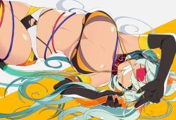 Rule 34 | 1girl, aqua hair, bikini, breasts, cleavage, collar, commentary, commentary request, cowboy shot, dark-skinned female, dark skin, elbow gloves, eyepatch, fang, gloves, green eyes, grin, heart, heart (symbol), heart eyepatch, highleg, highleg bikini, holding, holding with tail, hybrid monster, large breasts, long hair, looking at viewer, lying, megacycle13, micro shorts, mouth hold, mzh, navel, on back, orange bikini, original, prehensile tail, red collar, ribbon, shorts, skindentation, smile, solo, strap gap, strap pull, swimsuit, tail, twintails, underboob, untied bikini