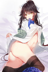 Rule 34 | 1girl, ass, azur lane, bed, bed sheet, black hair, black pantyhose, blue necktie, blush, bow, breasts, brown eyes, cardigan, clothes pull, eyes visible through hair, hair between eyes, hair bow, hair flaps, highres, large breasts, long hair, looking at viewer, lying, navel, necktie, no panties, on side, open clothes, open shirt, pantyhose, pantyhose pull, pleated skirt, ponytail, pussy, pussy juice, pussy juice trail, shirt, shirt pull, skirt, skirt around one leg, solo, stomach, takao (azur lane), takitou, thighband pantyhose, tie in mouth, underboob, uniform, very long hair, white bow, white shirt