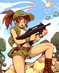 Rule 34 | 1girl, alien, bad id, bad twitter id, bandaid, bandaid on knee, bandaid on leg, baseball cap, battle rifle, belt, belt pouch, black panties, boots, breasts, brown eyes, brown hair, bullpup, combat boots, commentary, english commentary, finger on trigger, fio germi, glasses, green shorts, gun, hat, hip vent, holding, holding gun, holding weapon, leg up, long hair, mars people, metal slug, midriff, missile, navel, open clothes, open mouth, open vest, optionaltypo, panties, pouch, rifle, round eyewear, short shorts, shorts, small breasts, snk, socks, solo focus, strapless, surrounded, tube top, ufo, underwear, vest, weapon, wristband