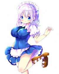 Rule 34 | 1girl, :3, apron, blue dress, blue eyes, blush, boots, breasts, brown footwear, chocolat (momoiro piano), closed mouth, collared dress, commentary request, dress, frilled apron, frills, green ribbon, hair between eyes, hand up, high heel boots, high heels, izayoi sakuya, large breasts, long hair, maid headdress, neck ribbon, puffy short sleeves, puffy sleeves, ribbon, short sleeves, silver hair, simple background, solo, standing, standing on one leg, touhou, waist apron, white apron, white background
