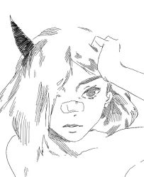 Rule 34 | 1girl, arm up, bad id, bad twitter id, bandaid, bandaid on face, bandaid on nose, closed mouth, collarbone, greyscale, hair over one eye, hatching (texture), horns, medium hair, monochrome, original, portrait, simple background, single horn, sketch, solo, upper body, white background, zero808w