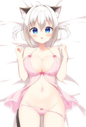 Rule 34 | 1girl, :d, animal ear fluff, animal ears, aoi yun, babydoll, bare arms, bare shoulders, bed sheet, blue eyes, blush, bow, bow panties, breasts, cat ears, cat girl, cat tail, cleavage, collarbone, dakimakura (medium), fang, gluteal fold, groin, hair between eyes, hair intakes, hands up, highres, large breasts, looking at viewer, lying, navel, on back, open mouth, original, panties, panty pull, pink panties, see-through, smile, solo, tail, underwear, underwear only, white hair