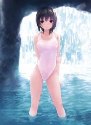 Rule 34 | 1girl, absurdres, aoyama sumika, arm at side, arm behind back, backlighting, bare arms, bare shoulders, black hair, breasts, brown eyes, casual one-piece swimsuit, cave, closed mouth, coffee-kizoku, collarbone, contemporary, day, groin, highres, holding own arm, legs apart, medium breasts, one-piece swimsuit, original, outdoors, scan, smile, solo, sunlight, swimsuit, thighs, wading, water, water drop, waterfall, wet, wet clothes, wet hair, wet swimsuit, white one-piece swimsuit
