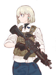 Rule 34 | 1girl, absurdres, ar-15, black gloves, blonde hair, blue eyes, blue pants, bob cut, closed mouth, earrings, gloves, gun, hair between eyes, highres, holding, holding gun, holding weapon, jewelry, looking to the side, original, pants, rifle, shirt, short hair, simple background, sleeves rolled up, solo, soutou nagi, trigger discipline, vest, weapon, white background, white shirt