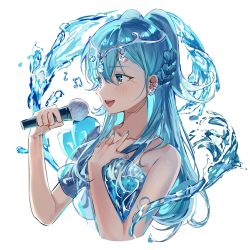 Rule 34 | 1girl, blue eyes, blue hair, blue nails, circlet, cropped torso, hand on own chest, highres, holding, holding microphone, hololive, hololive indonesia, kobo kanaeru, long hair, microphone, moehime, music, nail polish, singing, virtual youtuber, water, white background