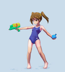 Rule 34 | 1girl, barefoot, blue background, brown eyes, brown hair, child, covered navel, feet, full body, hair bobbles, hair ornament, legs, long hair, looking to the side, one-piece swimsuit, original, pigeon-toed, school swimsuit, shirt tan, shorts tan, simple background, smile, solo, sorakitsune suikyou, standing, swimsuit, tan, tanline, toes, twintails, water balloon, water gun