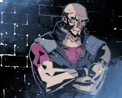Rule 34 | 1boy, bald, beard, brick wall, cofffee, cowboy bebop, crossed arms, eyepiece, facial hair, jet black, looking at viewer, male focus, muscular, muscular male, pilot suit, prosthesis, prosthetic arm, red shirt, scar, scar across eye, shirt, sideburns, solo, torn clothes, upper body