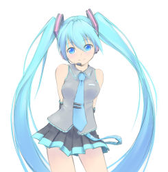 Rule 34 | 1girl, arms behind back, blue eyes, blue hair, detached sleeves, female focus, hatsune miku, headset, highres, long hair, magenta (atyana), matching hair/eyes, necktie, simple background, skirt, smile, solo, twintails, very long hair, vocaloid, white background