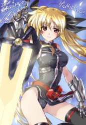 Rule 34 | 1girl, arm up, armlet, artist name, bardiche (nanoha), bardiche (zanber form) (nanoha), belt, black leotard, black ribbon, black thighhighs, blonde hair, closed mouth, commentary request, commission, dated, fate testarossa, fate testarossa (true sonic form), gauntlets, gloves, grey gloves, hair ribbon, hand on own thigh, highleg, highleg leotard, holding, holding weapon, kuroi mimei, leotard, long hair, looking at viewer, lyrical nanoha, magical girl, mahou shoujo lyrical nanoha strikers, pelvic curtain, red belt, red eyes, ribbon, signature, single horizontal stripe, skeb commission, skindentation, sleeveless, smile, solo, standing, thighhighs, thighs, twintails, weapon, wind