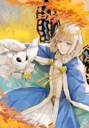 Rule 34 | 1boy, arthropod boy, blue eyes, bug, butterfly, butterfly wings, cape, cloak, closed mouth, crown, diamond hairband, fate/grand order, fate (series), feet out of frame, flower, fur-trimmed cape, fur-trimmed cloak, fur trim, grey hair, highres, insect, insect wings, light particles, long hair, long sleeves, looking at another, male focus, moth, oberon (fate), smile, solo, uncleko5, wings, yellow flower
