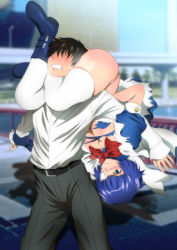 Rule 34 | 00s, 1boy, 1girl, ass, belt, black hair, blue eyes, blue hair, blush, boots, bow, bowtie, breasts, clenched teeth, eyepatch, headlock, highres, ikkitousen, large breasts, legs, looking up, maid, no bra, panties, ryomou shimei, short hair, skirt, smile, standing, submission hold, sweat, teeth, thighs, torn clothes, underwear, upside-down, white legwear, wrestling, yadokari genpachirou