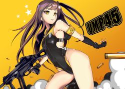 Rule 34 | 1girl, armband, asymmetrical gloves, black gloves, black one-piece swimsuit, brown eyes, brown hair, character name, commentary request, competition swimsuit, girls&#039; frontline, gloves, gradient background, gun, h&amp;k ump, h&amp;k ump, looking at viewer, meme attire, one-piece swimsuit, one side up, ryuu tou, scar, scar across eye, scar on face, shell casing, solo, submachine gun, swimsuit, text background, thighs, ump45 (girls&#039; frontline), uneven gloves, weapon, yellow background
