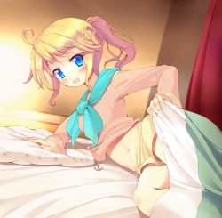 Rule 34 | 1girl, :d, bad id, bad pixiv id, bed, blanket, blonde hair, blue eyes, blush, come hither, esia mariveninne (komone ushio), komone ushio, lying, navel, on side, open mouth, original, pillow, ponytail, short hair, shorts, smile, solo, under covers