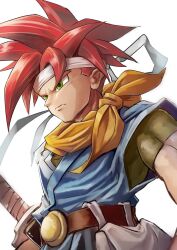 Rule 34 | 1boy, belt, chrono trigger, closed mouth, commentary, crono (chrono trigger), green eyes, headband, male focus, red hair, scarf, short hair, simple background, solo, sowel (sk3), spiked hair, sword, weapon, white background