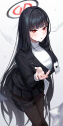 Rule 34 | 1girl, absurdres, black hair, black pantyhose, black skirt, black suit, blue archive, blunt bangs, blurry, breasts, bright pupils, depth of field, formal, hair ornament, hairclip, halo, highres, holding, holding tablet pc, holster, id card, large breasts, long hair, long sleeves, looking at viewer, myowa, pantyhose, pleated skirt, red eyes, rio (blue archive), skirt, solo, suit, sweater, tablet pc, thigh holster, turtleneck, turtleneck sweater, very long hair, white pupils, white sweater