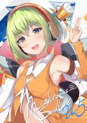 Rule 34 | 1girl, :d, absurdres, armpits, bare shoulders, brown eyes, center opening, chunithm, cover, cover page, detached sleeves, flat chest, green hair, hand up, headphones, highres, long sleeves, looking at viewer, mushpz, nail polish, navel, open mouth, orange shirt, revealing clothes, shirt, short hair, sky feather (chunithm), smile, solo, stomach, upper body, wing collar