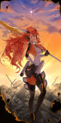 Rule 34 | 1girl, absurdres, amou kanade, black gloves, bodysuit, closed eyes, coppepan, dusk, facing viewer, floating hair, gloves, grin, hair between eyes, hand on own hip, headphones, highres, holding, holding polearm, holding weapon, long hair, outdoors, polearm, red hair, senki zesshou symphogear, smile, solo, standing, very long hair, weapon
