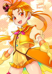 Rule 34 | 1boy, colored eyelashes, commentary request, cure wing, earrings, gloves, hat, highres, hirogaru sky! precure, jewelry, long hair, magical boy, mini hat, mini top hat, open mouth, orange eyes, orange hair, orange sailor collar, parted bangs, ponytail, precure, ramune02, sailor collar, shorts, smile, solo, top hat, yellow gloves, yellow shorts