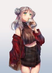 Rule 34 | 1girl, absurdres, bag, blush, coffee cup, cowboy shot, crop top, cup, disposable cup, double bun, gradient background, green eyes, hair bun, handbag, highres, holding, holding cup, jacket, looking at viewer, medium hair, midriff, navel, nicccolee, off shoulder, original, pleated skirt, shiny skin, silver hair, skirt, sleeveless, solo, standing, turtleneck
