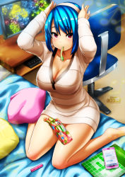Rule 34 | 1girl, absurdres, barefoot, bed, bed sheet, bedroom, blue hair, book, breasts, candy, cellphone, chair, cleavage, desk, dress, erkaz, food, hairband, highres, indoors, iphone, keyboard (computer), large breasts, looking at viewer, monitor, mouth hold, musical note, office chair, on bed, original, phone, pillow, red eyes, rina atherina, short hair, sitting, smartphone, solo, sweater, sweater dress, swivel chair, textbook, wariza