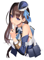 Rule 34 | 1girl, absurdres, artist name, bare shoulders, blue eyes, blue necktie, blue ribbon, breasts, brown hair, closed mouth, cropped torso, detached sleeves, fingernails, goddess of victory: nikke, hair ribbon, hat, highres, index finger raised, large breasts, lipstick, long hair, looking at viewer, makeup, marian (nikke), medium breasts, migu (iws2525), necktie, parted bangs, ribbon, shadow, simple background, solo, tilted headwear, white background