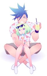Rule 34 | 2boys, androgynous, asymmetrical hair, blue hair, bracer, burrrntlemon, closed eyes, commentary, eyewear on head, floral print, food, full body, galo thymos, grin, highres, holding, hug, hug from behind, ice cream, ice cream cone, lio fotia, looking up, male focus, multiple boys, promare, shirt, shorts, sidecut, simple background, sitting, smile, spiked hair, sunglasses, symbol-only commentary, tongue, tongue out, undercut, white background, yaoi