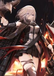 Rule 34 | 1girl, absurdres, arm warmers, azur lane, bald eagle, bandaged leg, bandages, bare shoulders, belt, bird, bird on hand, black belt, black panties, black scarf, black shirt, black skirt, black thighhighs, bow (weapon), breasts, closed mouth, code g (azur lane), commentary, cowboy shot, eagle, fire, flight deck, gloves, grey eyes, hair between eyes, hand up, highres, holding, holding bow (weapon), holding weapon, large breasts, long hair, looking at viewer, miniskirt, nekoya (liu), ocean, panties, pantyshot, partially unzipped, pleated skirt, revision, rigging, scarf, shirt, sidelocks, signature, silver hair, single glove, single thighhigh, skirt, sleeveless, sleeveless shirt, solo focus, standing, standing on liquid, thighhighs, torn clothes, torn legwear, two-tone shirt, underbust, underwear, very long hair, weapon, white gloves, white shirt, zipper, zipper pull tab