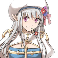 Rule 34 | 1girl, arch bishop (ragnarok online), blue dress, blue flower, breasts, cleavage cutout, closed mouth, clothing cutout, commentary request, cross, dress, flower, flower in mouth, grey hair, hat, hat flower, juliet sleeves, long hair, long sleeves, looking at viewer, medium breasts, natsuya (kuttuki), pink eyes, pointy ears, puffy sleeves, purple flower, ragnarok online, red flower, simple background, smile, solo, two-tone dress, upper body, white background, white dress, white hat