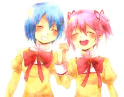 Rule 34 | 10s, 2girls, bad id, bad pixiv id, blue hair, bow, closed eyes, grin, gxolxssxsxr, hair ornament, hair ribbon, hairclip, happy, holding hands, mahou shoujo madoka magica, mahou shoujo madoka magica (anime), miki sayaka, multiple girls, open mouth, pink hair, ribbon, school uniform, short hair, short twintails, smile, twintails