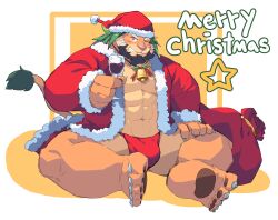 Rule 34 | 1boy, abs, absurdres, alcohol, arsalan (housamo), bara, bare pectorals, bell, blush, christmas, claws, cup, drink, facial hair, fundoshi, furry, furry male, goatee, hand on own thigh, hat, highres, holding, holding cup, holding drink, japanese clothes, jerry (jerry 5779), jewelry, lion boy, lion mane, lion tail, looking at viewer, male focus, merry christmas, necklace, one eye closed, pawpads, pectorals, sack, santa costume, santa hat, sitting, star (symbol), tail, tokyo houkago summoners, whiskers, wine