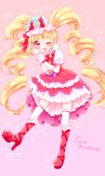 Rule 34 | 1girl, ;d, aisaki emiru, blonde hair, boots, bow, character name, cure macherie, curly hair, diamond-shaped brooch, dress, earrings, frilled thighhighs, frills, gloves, gradient background, hair bow, highres, hugtto! precure, jewelry, knee boots, kuzumochi, layered dress, legs apart, long hair, looking at viewer, magical girl, one eye closed, open mouth, pink background, pom pom (clothes), pom pom earrings, pouch, precure, purple bow, red bow, red dress, red eyes, red footwear, smile, solo, thighhighs, twintails, waist bow, white gloves, white thighhighs